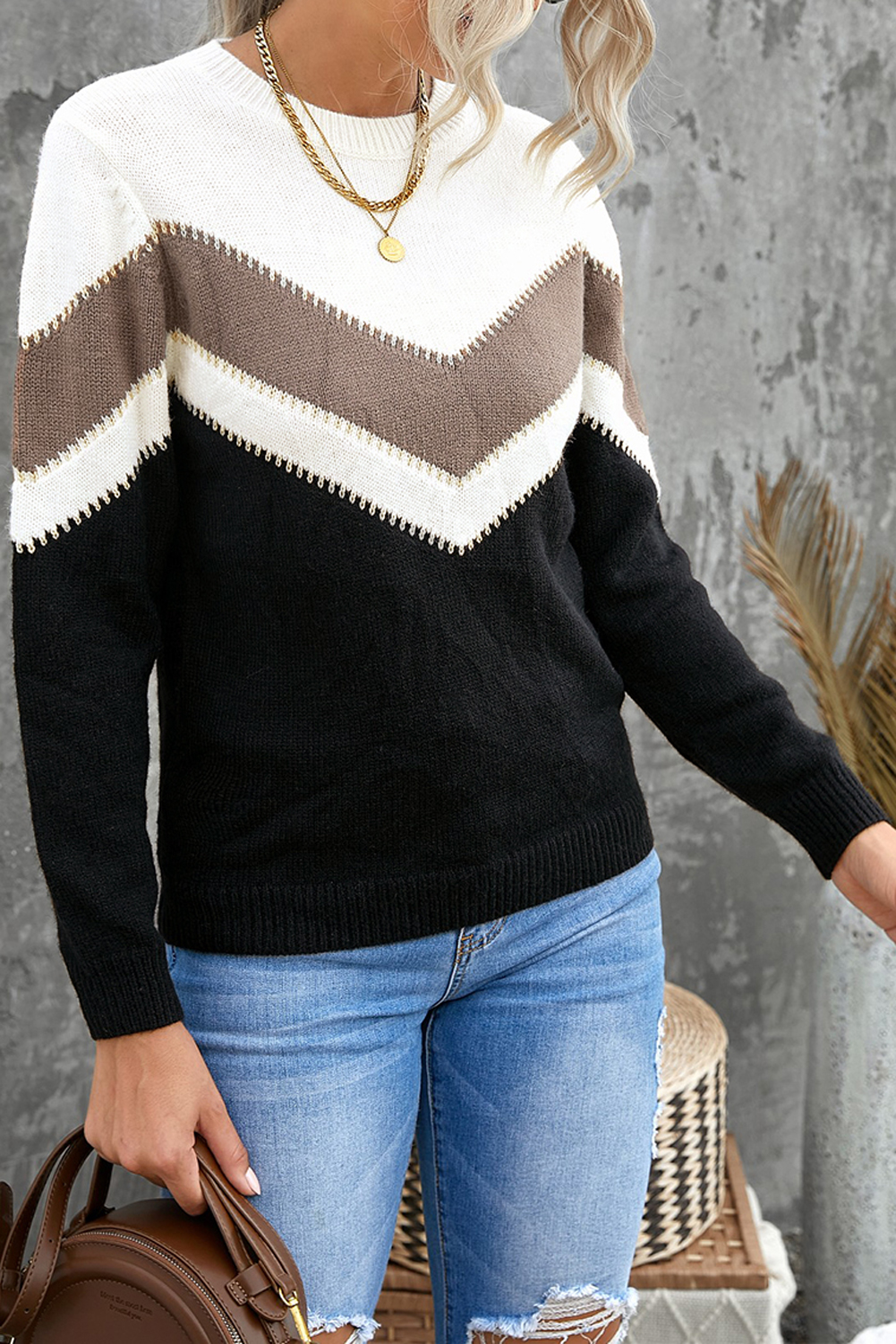 Black Chevron Colorblock Crew Neck Sweater - (US 16-18)XL