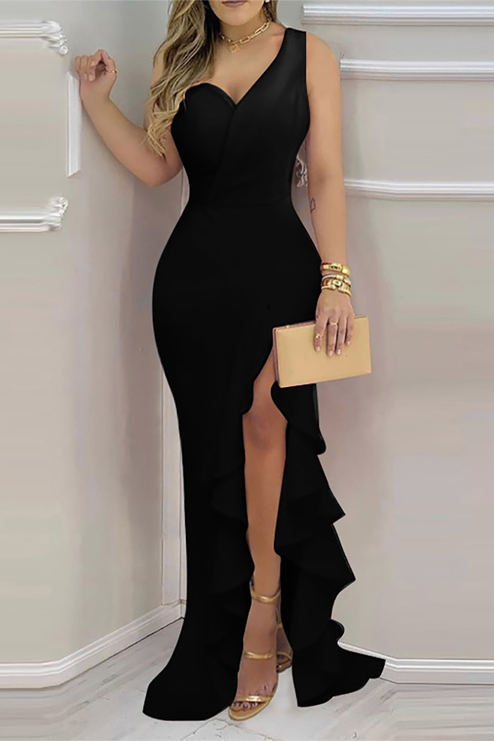 Black One-shoulder Cascading Split Evening Party Maxi Dress - (US 12-14)L