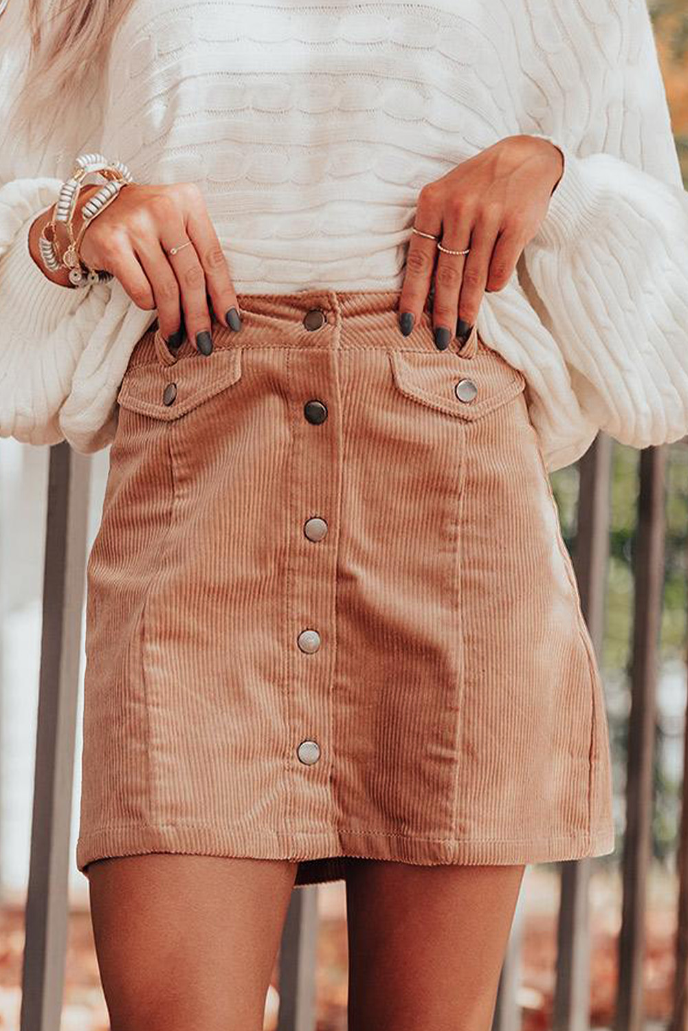 Apricot High Waist Button Corduroy Mini Skirt - (US 4-6)S