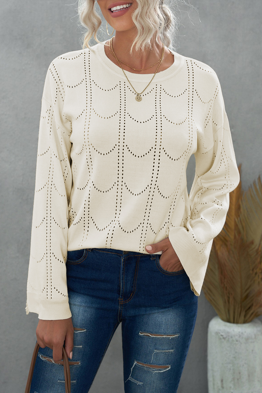 Beige Flare Sleeve Texture Knit Sweater - (US 12-14)L