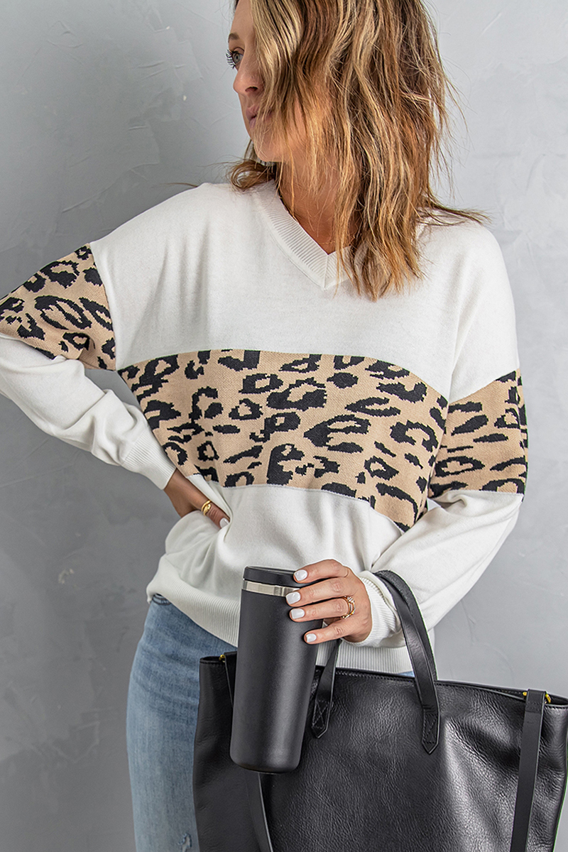 White Leopard Colorblock V Neck Knit Sweater - (US 16-18)XL