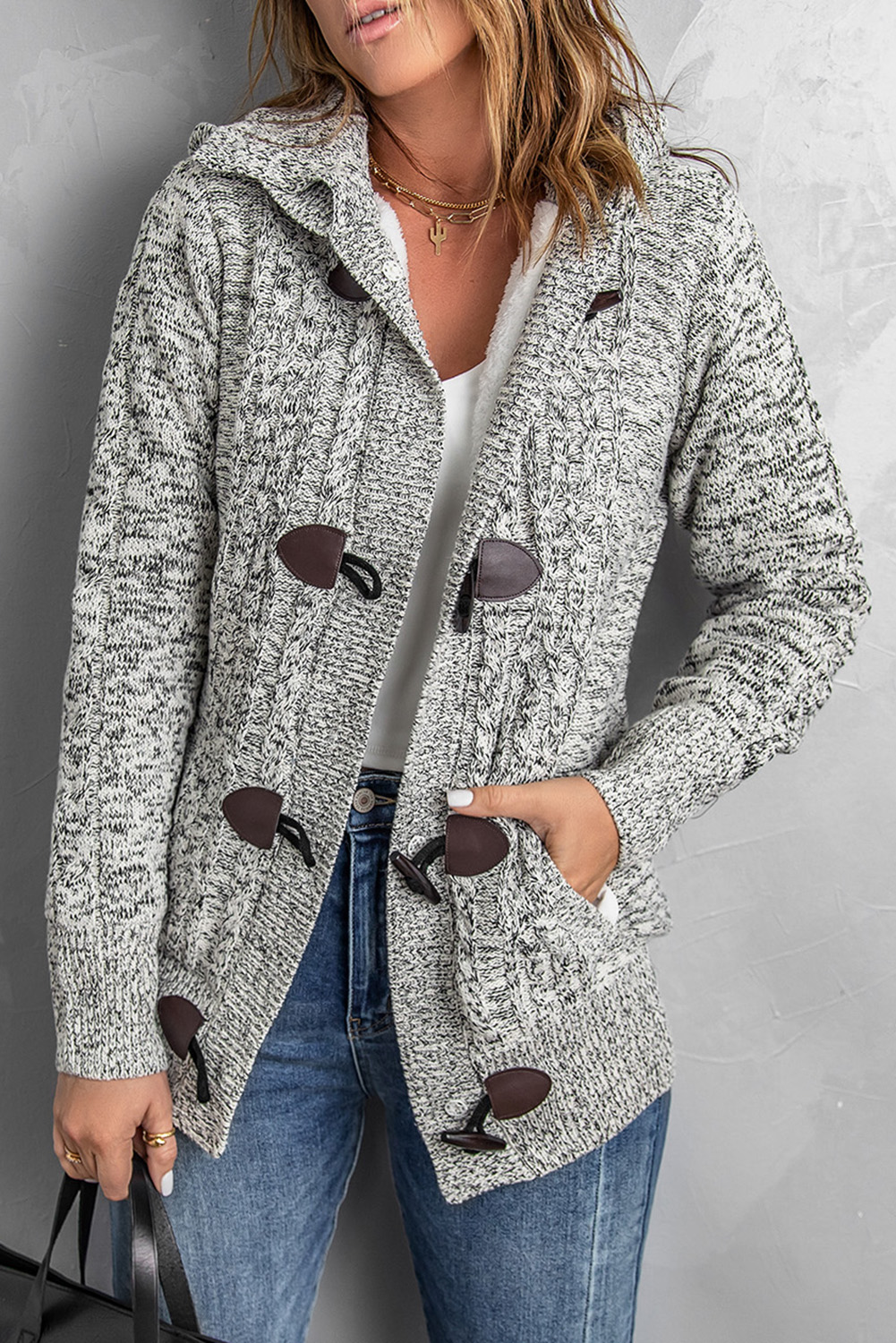 Heather Gray Fur Hood Horn Button Sweater Cardigan - (US 12-14)L