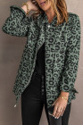 Green Lapel Collar Zipper Drawstring Leopard Coat
