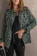 Green Lapel Collar Zipper Drawstring Leopard Coat