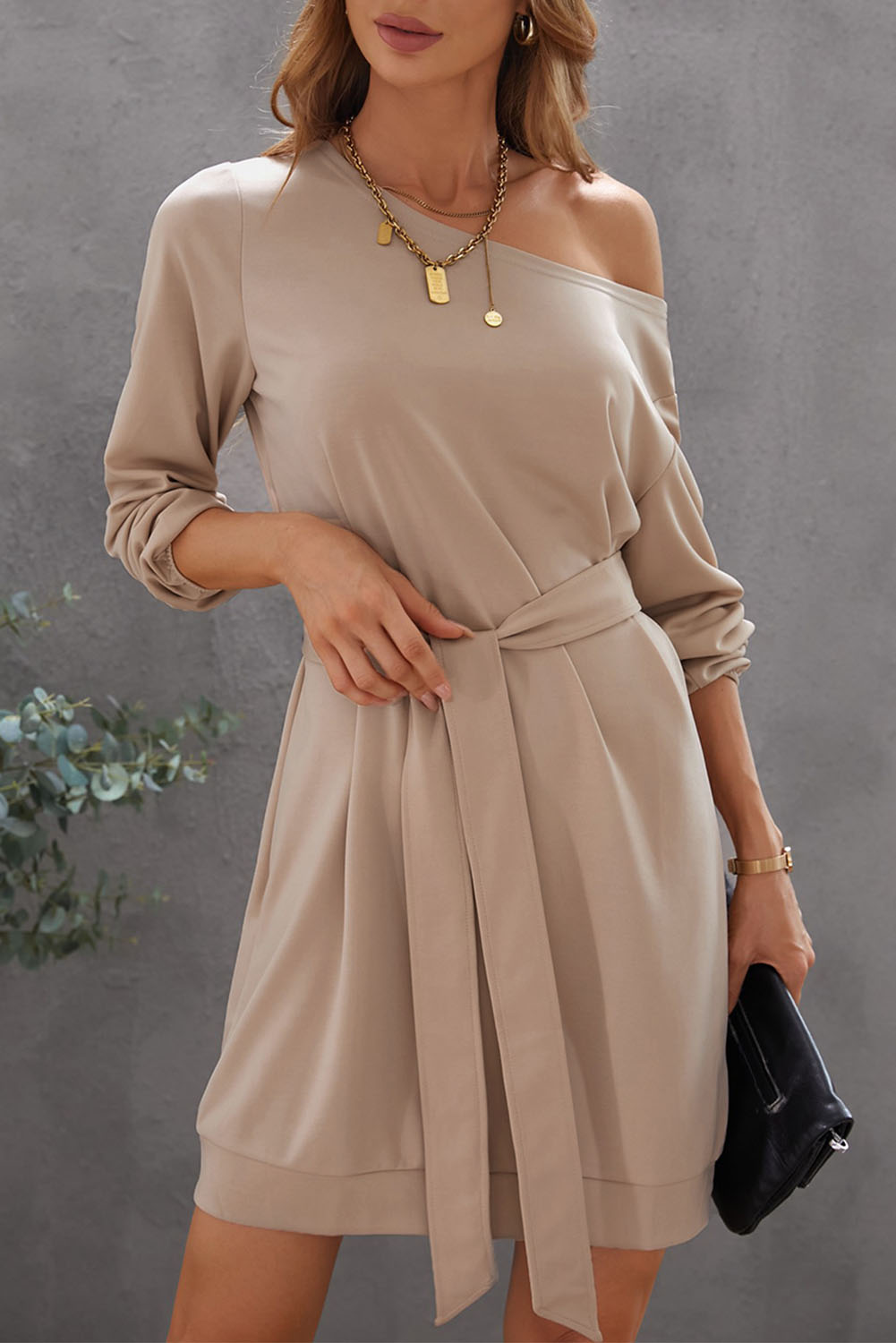 Khaki Crewneck Long Sleeve Belted Casual Mini Dress - S