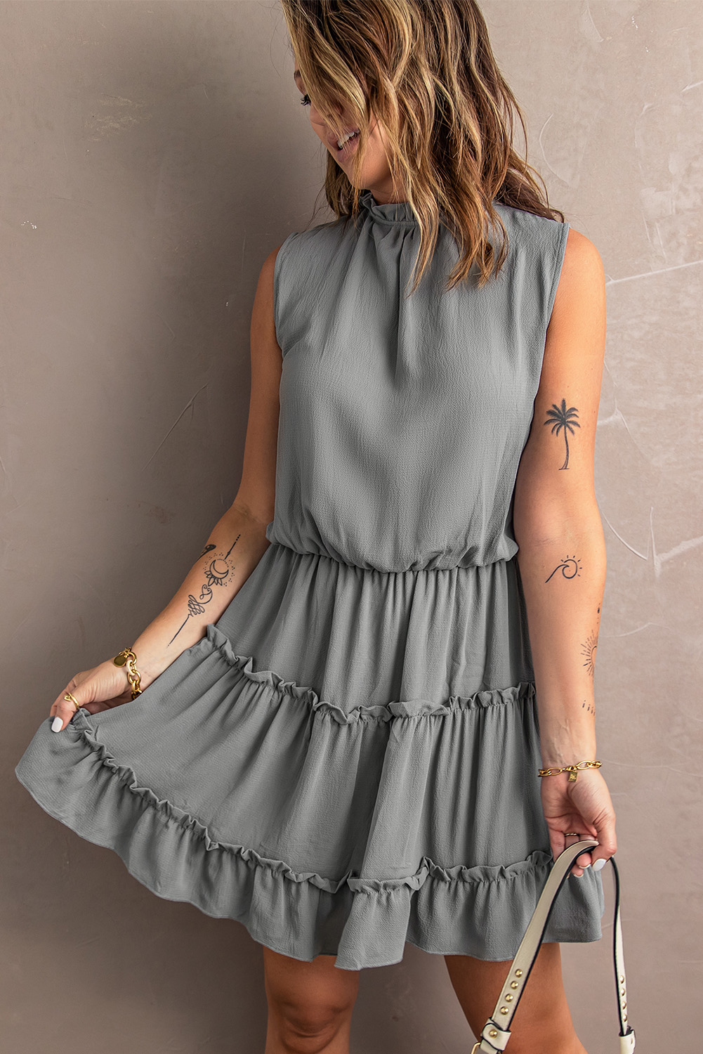 Gray Sleeveless V Neck Ruffled Swing Mini Dress - (US 12-14)L