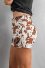 Brown Cow Print Denim Shorts with Pockets