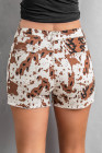 Brown Cow Print Denim Shorts with Pockets
