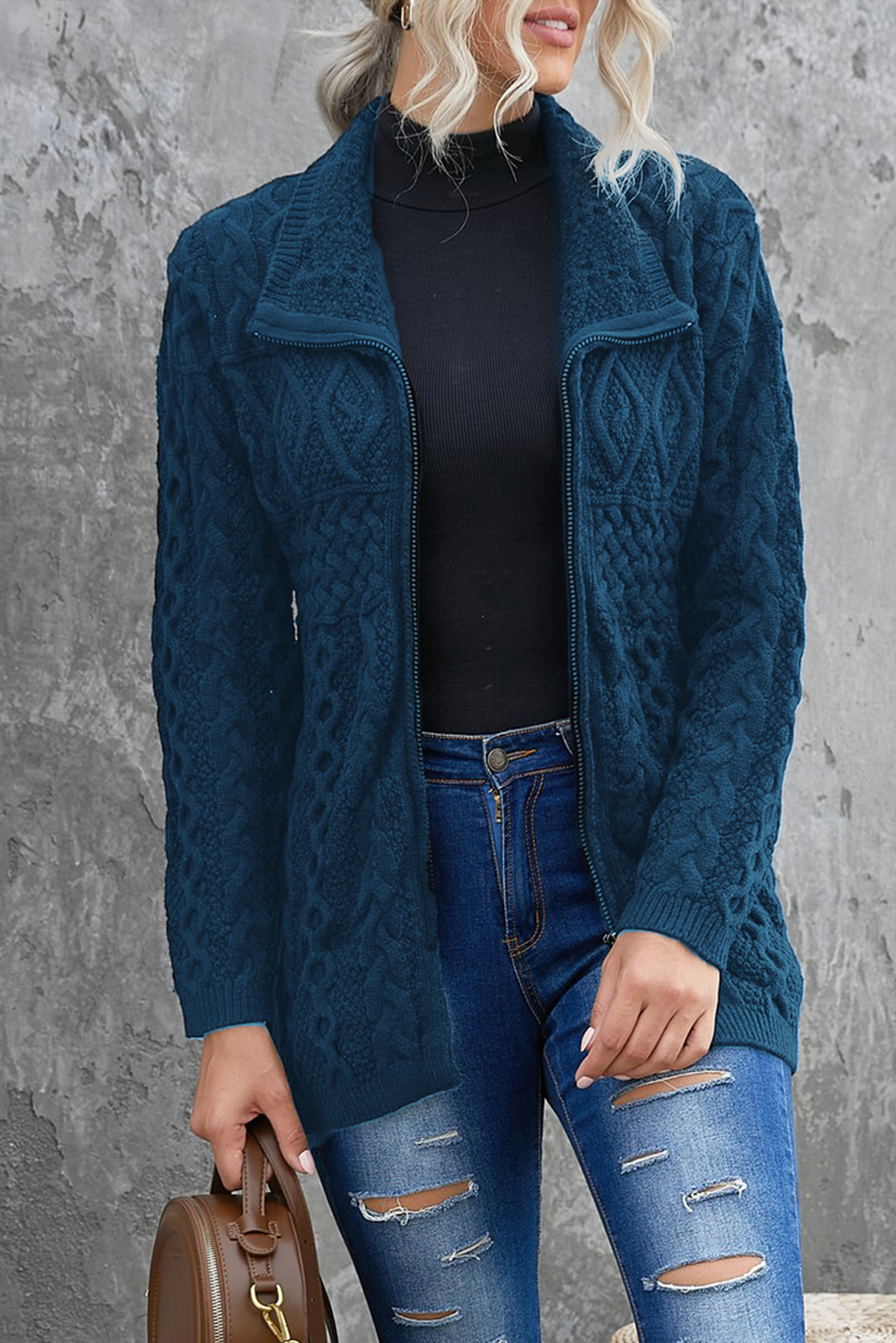 Dark Blue Zip-up Open Front Knitted Sweater - (US 8-10)M