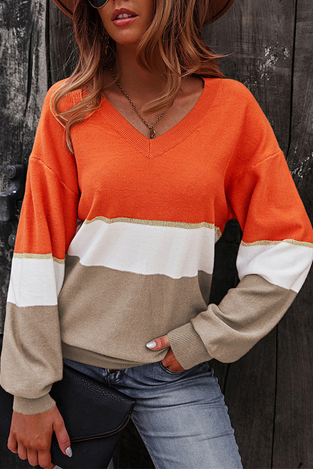 Colorblock V Neck Sweater - (US 12-14)L