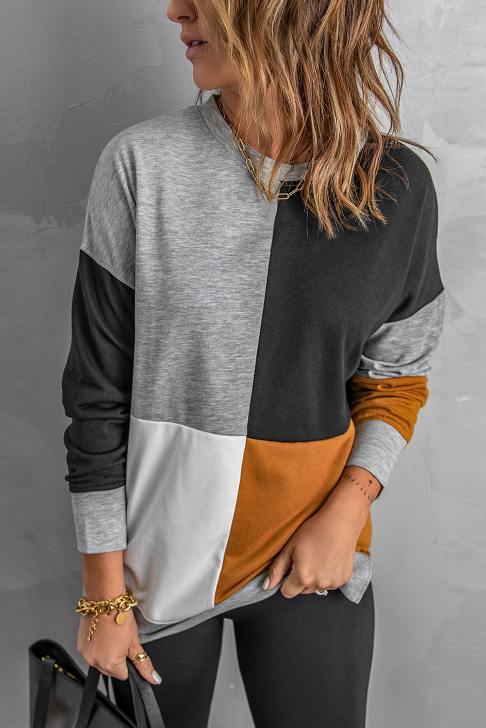 Color Block Round Neck Long Sleeves Pullover Sweatshirt - (US 16-18)XL