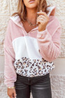 Pink Leopard Color Block Pocket Fleece-Kapuzenjacke mit Viertelreißverschluss