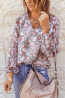Multicolor Floral Print V Neck Long Puff Sleeve Top