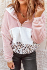 Pink Leopard Color Block Pocket Fleece-Kapuzenjacke mit Viertelreißverschluss