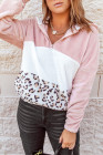 Pink Leopard Color Block Pocket Fleece Quarter Zip Hoodie