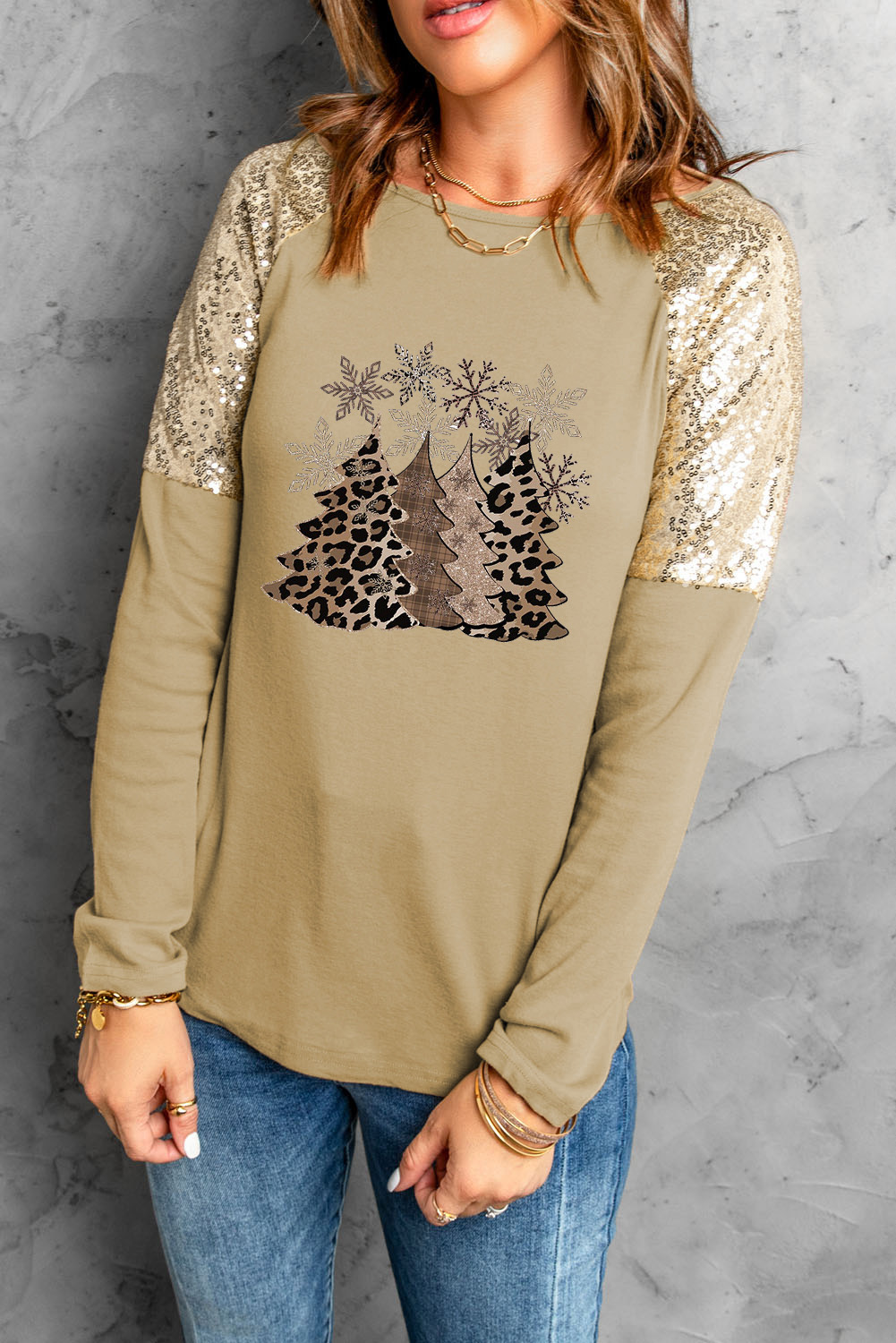 Apricot Leopard Christmas Tree Print Sequin Patchwork Pullover Shirt - (US 4-6)S