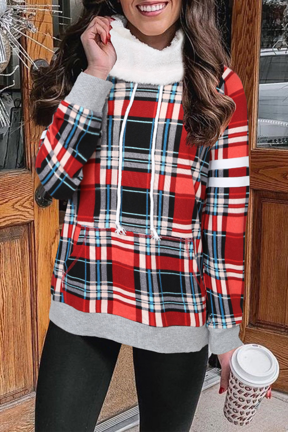 Buffalo Plaid Print Sherpa Patchwork High Neck Sweatshirt - (US 8-10)M