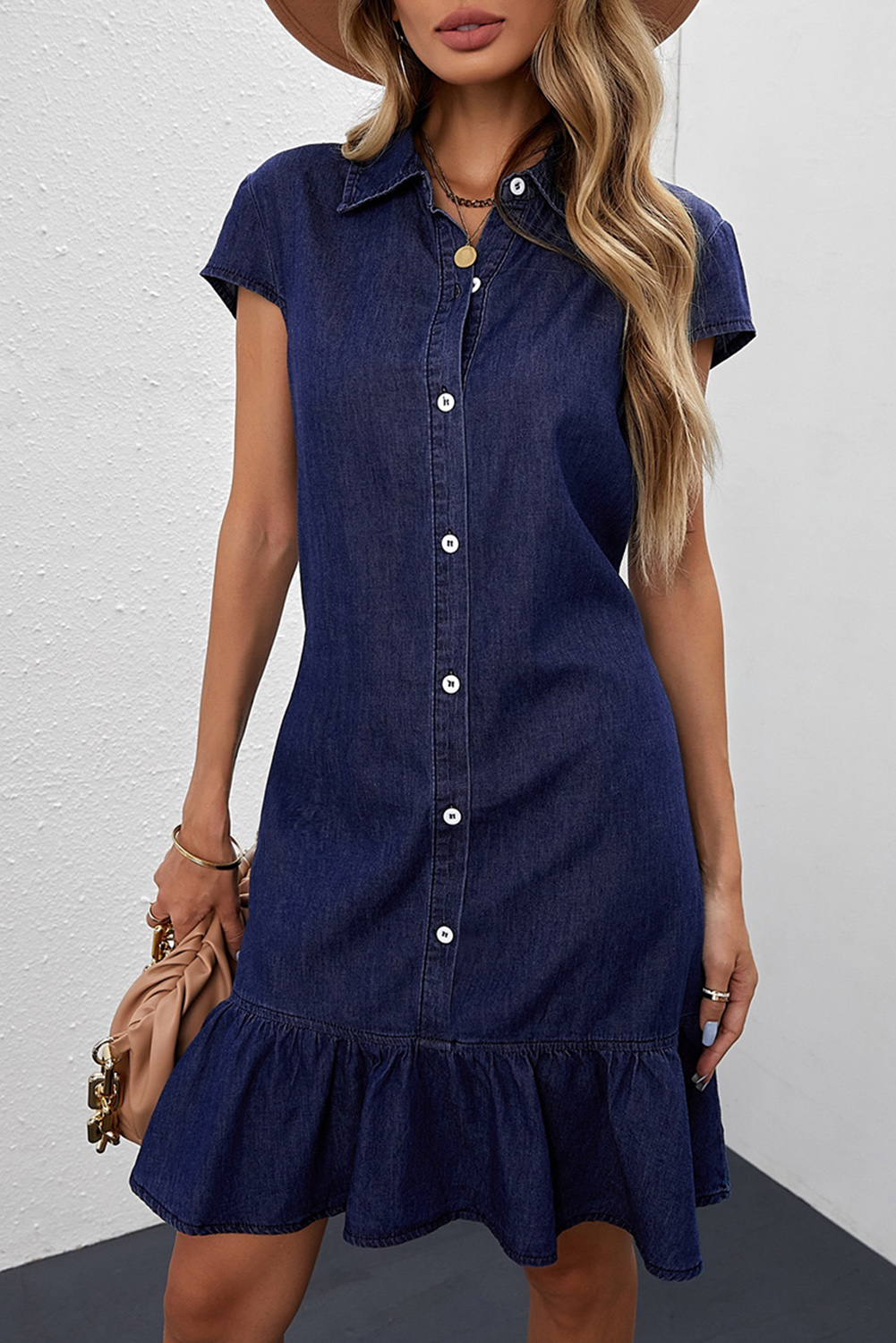 Blue Cap Sleeve Button Front Denim Mini Dress - (US 4-6)S