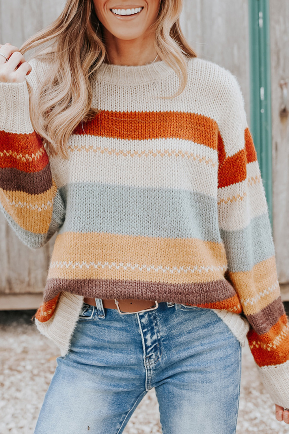 Suéter en bloque de color a rayas con hombros caídos y cuello redondo