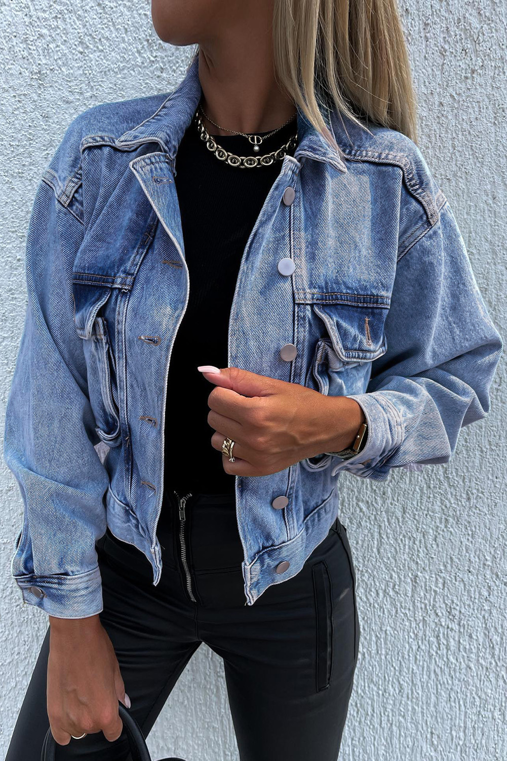 Turn Down Collar Pocket Buttoned Denim Jacket - (US 12-14)L