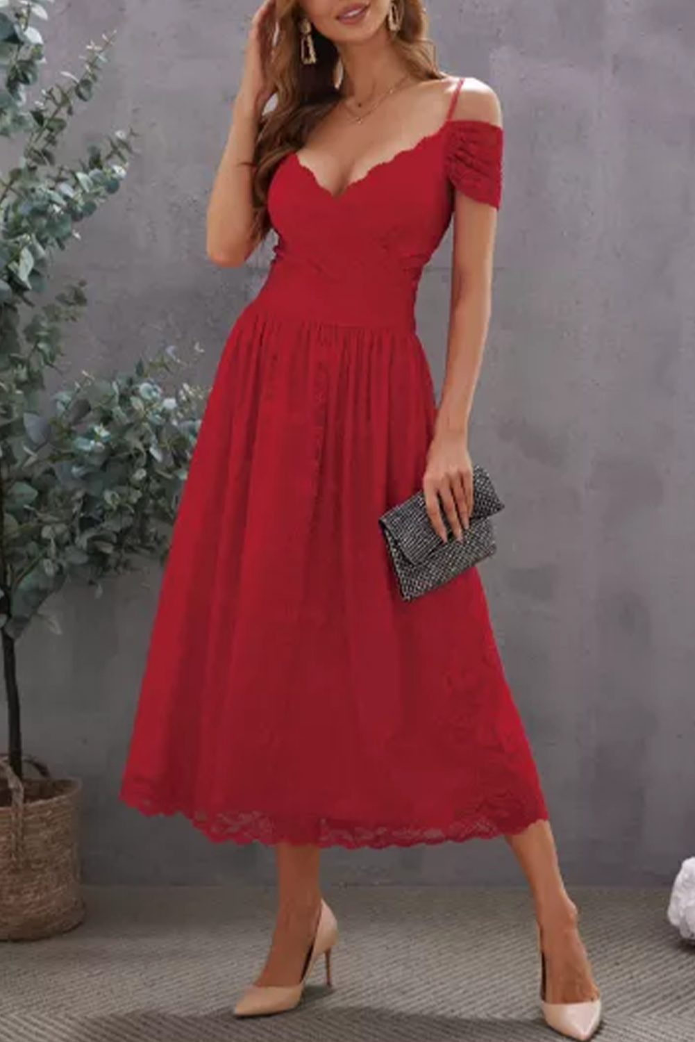 Red Cold Shoulder Backless Lace Midi Dress - (US 4-6)S