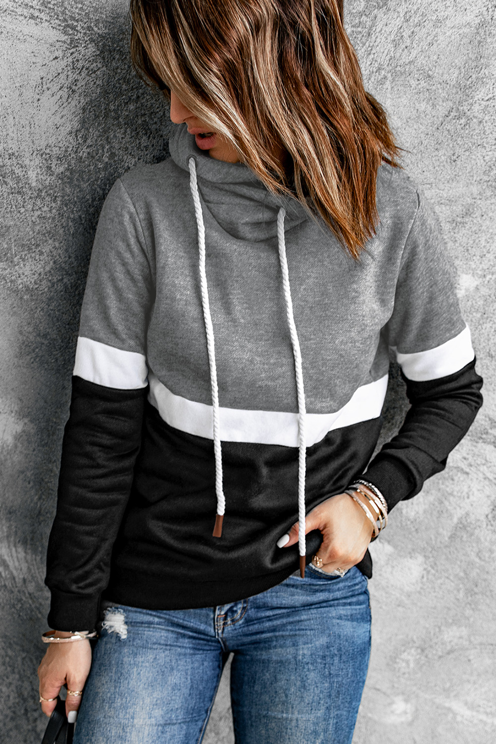 Black Drawstring Cowl Neck Colorblock Hoodie - (US 18-20)2XL