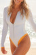 Weißer Rash Guard-Badeanzug mit Reißverschluss vorne und langen Ärmeln in Colorblock-Optik