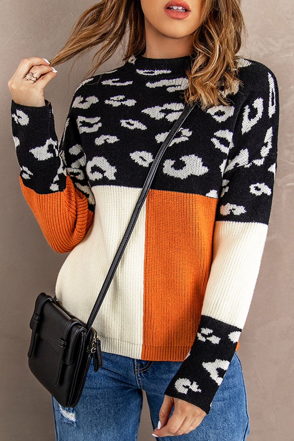 Leopard Colorblock Mock Neck Sweater - (US 12-14)L