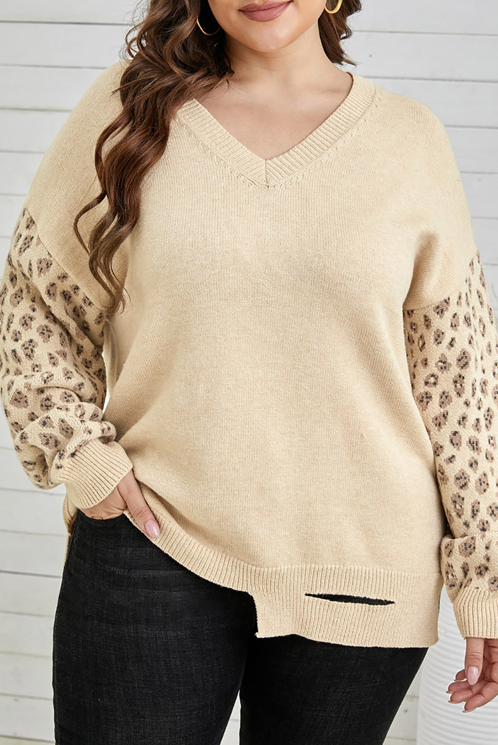 Khaki Distressed Hemline Leopard Sleeve Plus Size Sweater - (US 26-28)4X