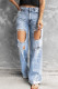 Light Blue Washed Holes Ripped Wide Leg Jeans