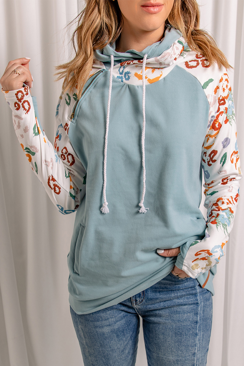 Leopard Print Sleeve Patchwork Hoodie with Pocket - (US 18-20)2XL