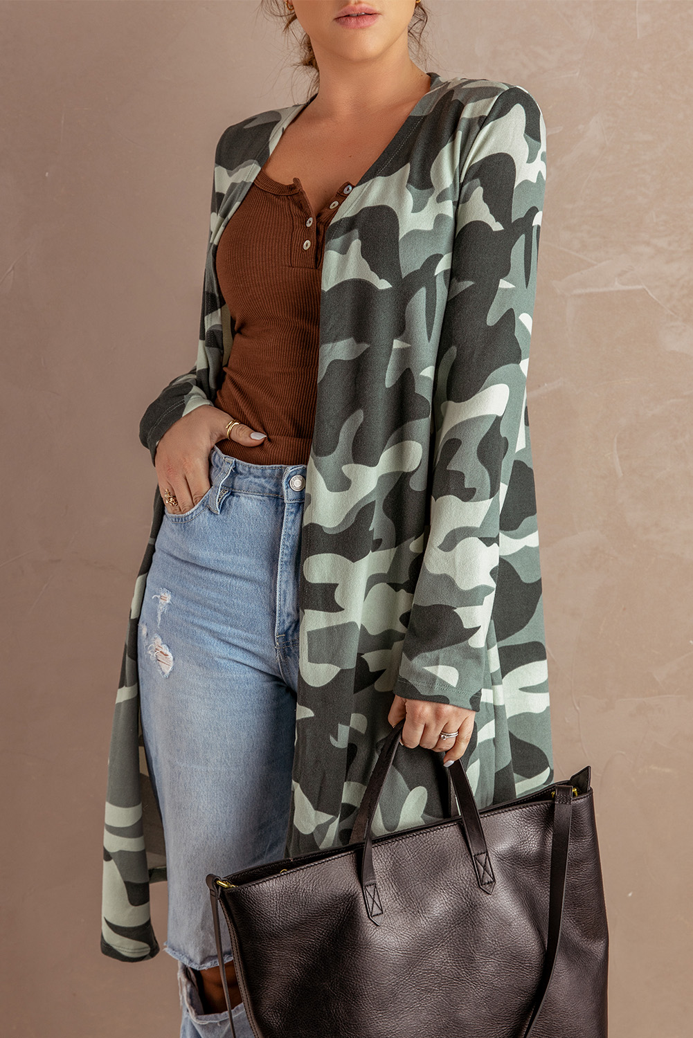 Camo Print Long Cardigan - (US 4-6)S