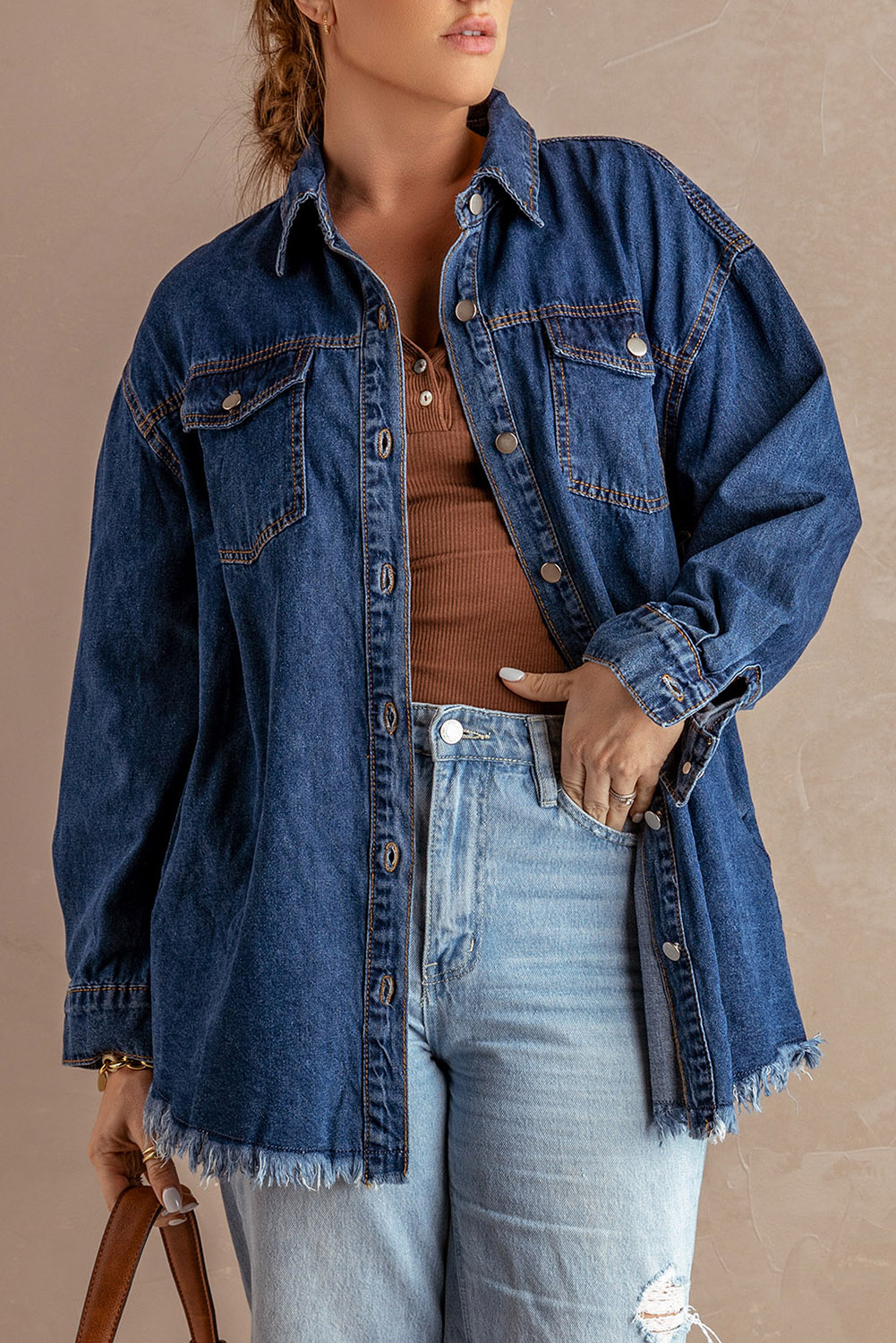 Blue Pocket Raw Hem Buttoned Denim Jacket - (US 12-14)L