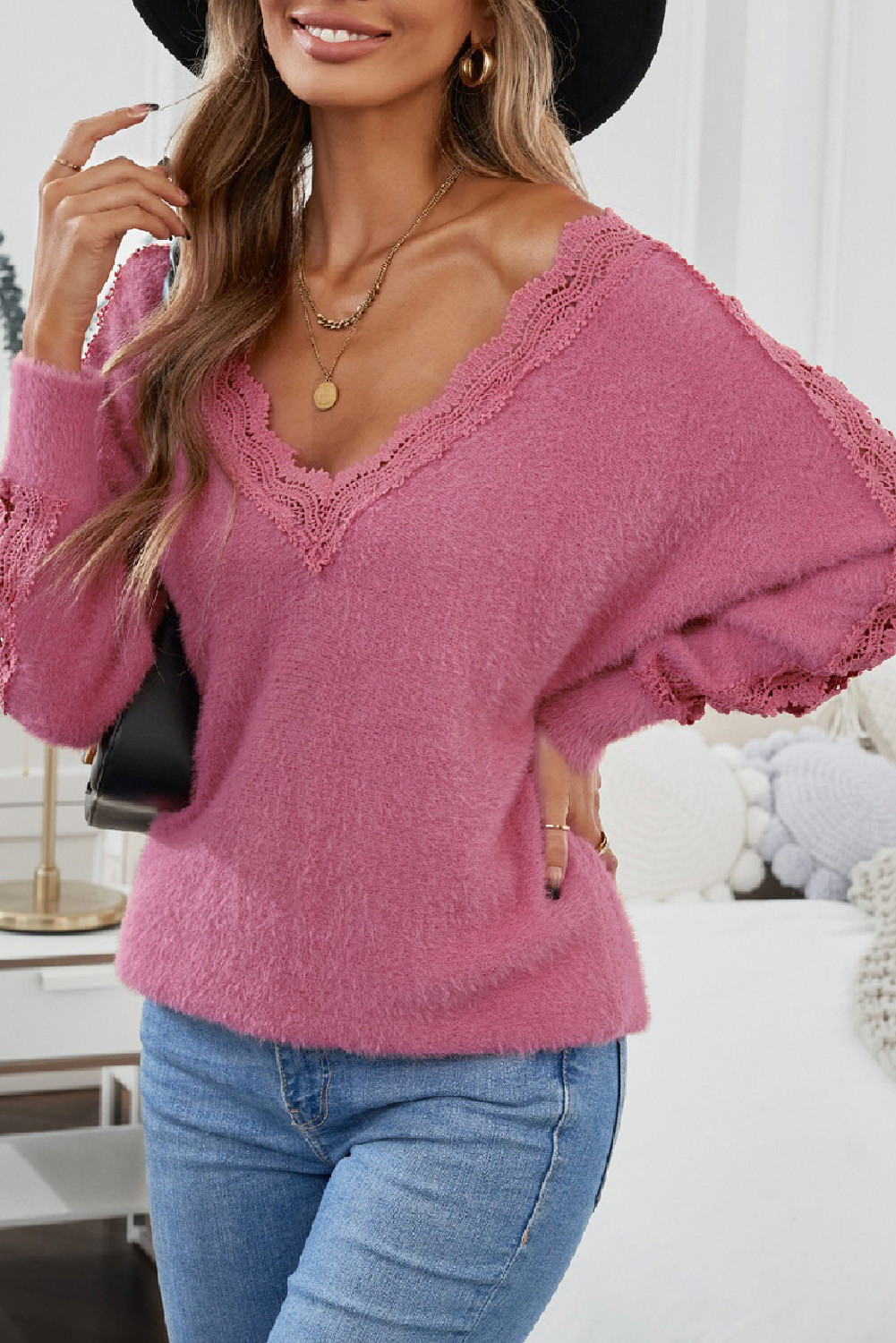 Pink Lace Splicing V Neck Pullover Sweater