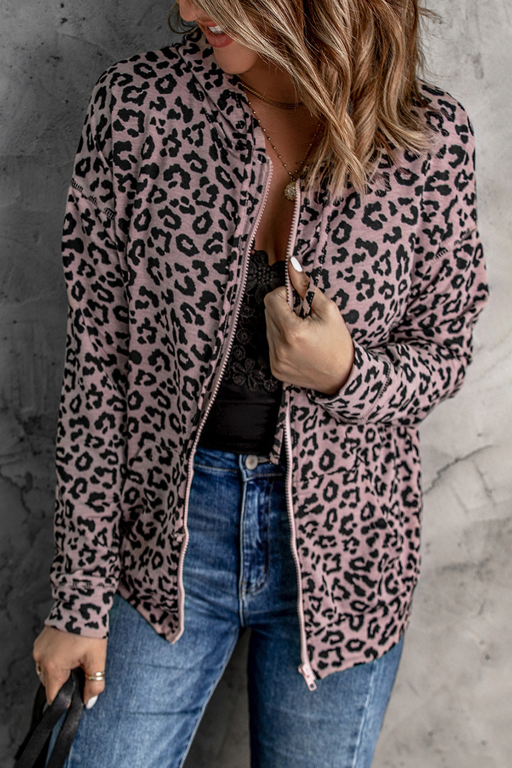 Leopard Print Zipper Hooded Coat with Pocket