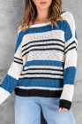 Blue Loose Fit Striped Pattern Sweater