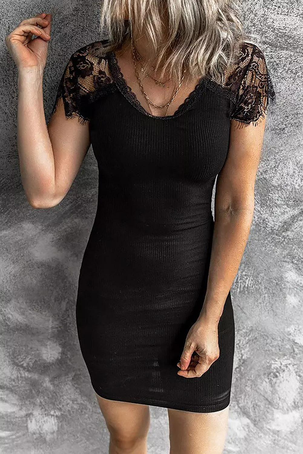 Black Lace Sleeve Ribbed Mini Dress - (US 4-6)S