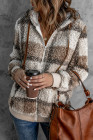 Khaki Plaid Print Zipper Fleece Hooded Coat