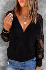 Black Sexy V Neck Surplice Hollow-out Sweater with Lace Sleeves