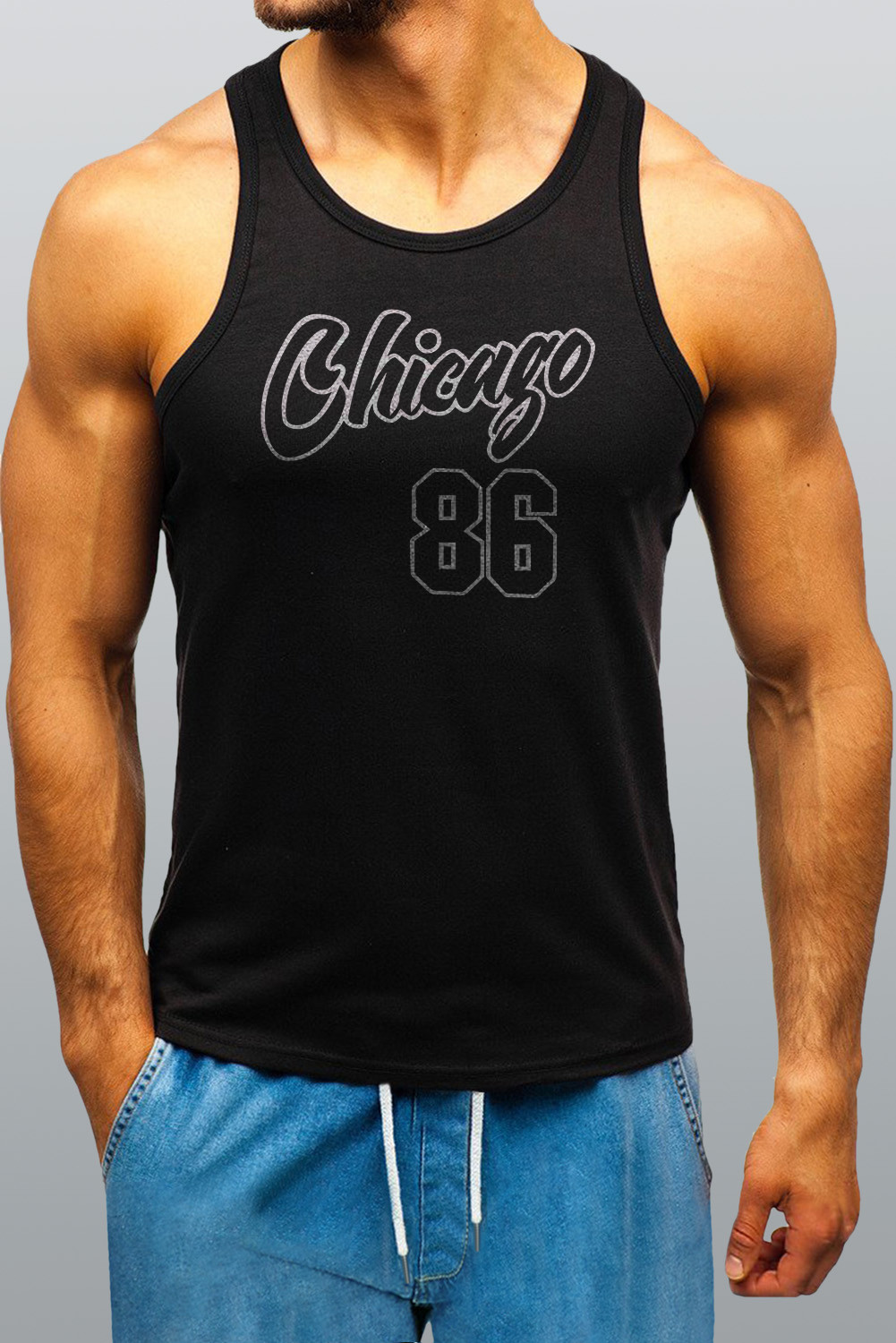 Camiseta de tirantes para hombre Black Chicago 86 Print O Neck