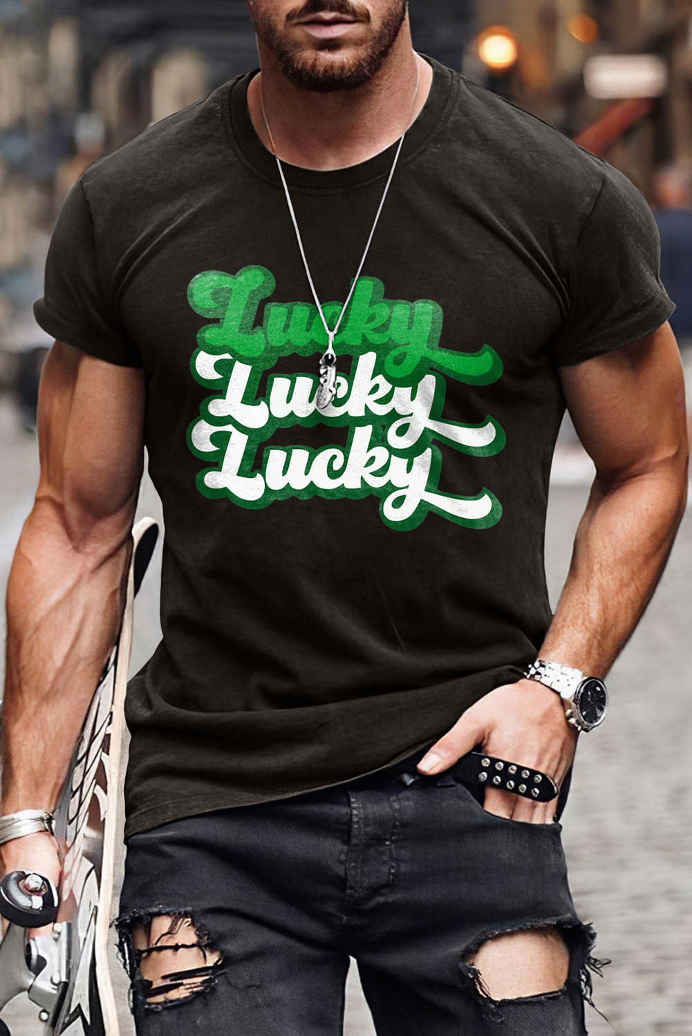 Schwarzes Lucky Print O Neck Kurzarm Herren T-Shirt