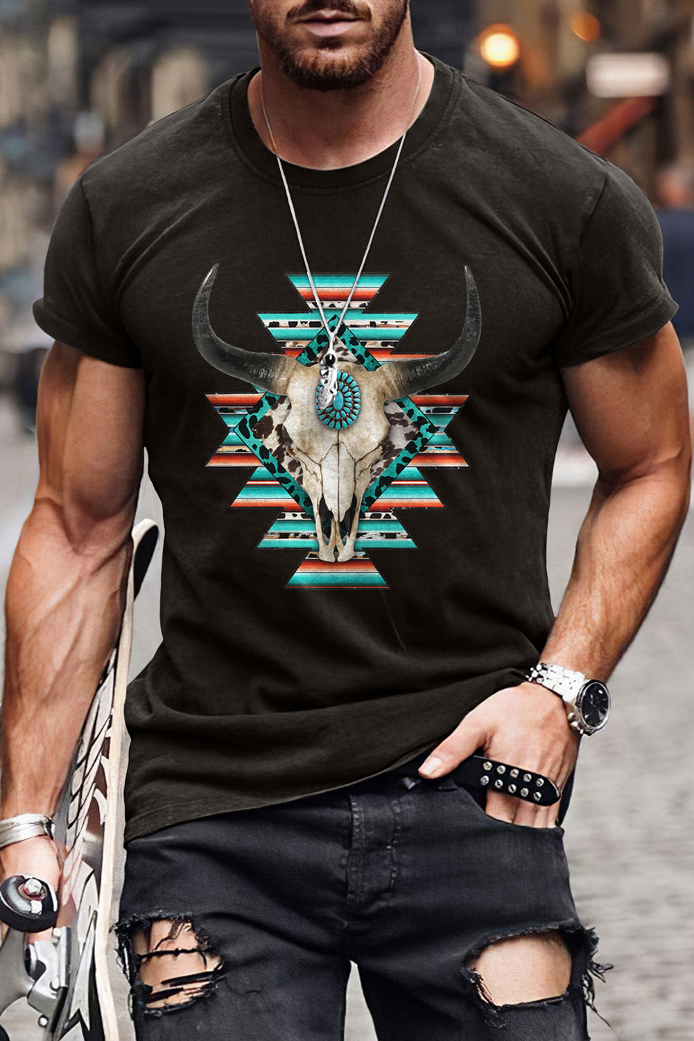 Schwarz Herren Aztec Bull Steer Graphic Tee