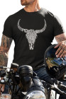 Camiseta de manga corta ajustada con estampado de cabeza de vaca y letras negras para hombre