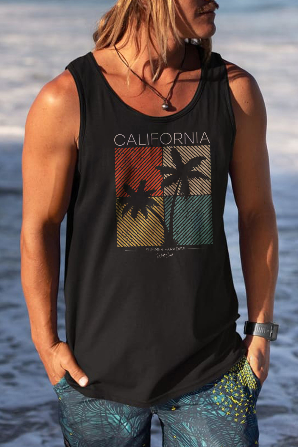 Camiseta de tirantes para hombre Black California Graphic Color Block