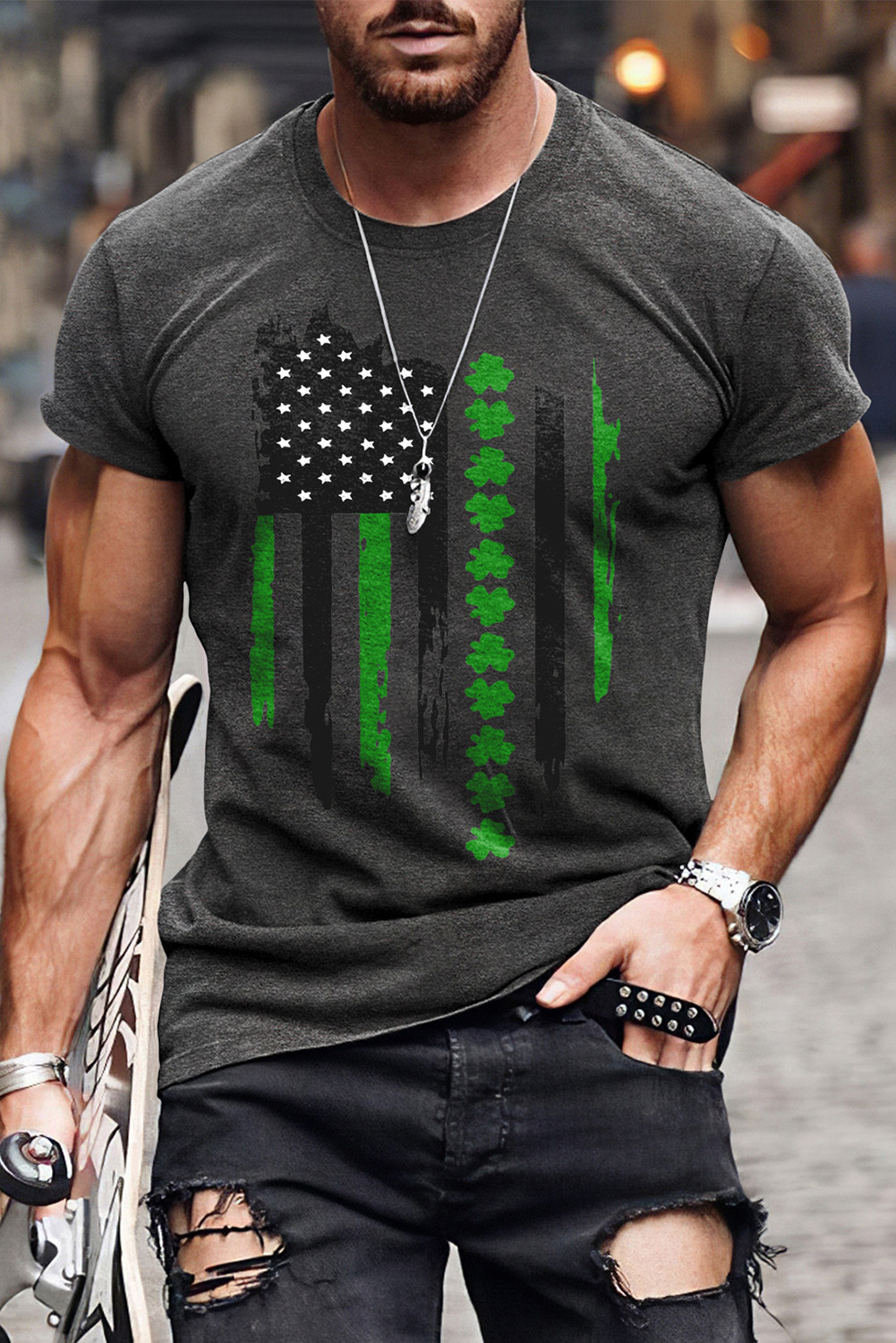 Серая мужская футболка с графическим принтом в виде флага США с изображением Святого Патрика