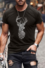 Black Deer Shaped Print Slim-fit Crew Neck Men's T-shirt