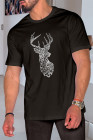 Black Deer Shaped Print Slim-fit Crew Neck Men's T-shirt
