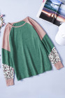 Green Round Neck Leopard Color Block Long Sleeve Top