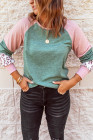 Green Round Neck Leopard Color Block Long Sleeve Top
