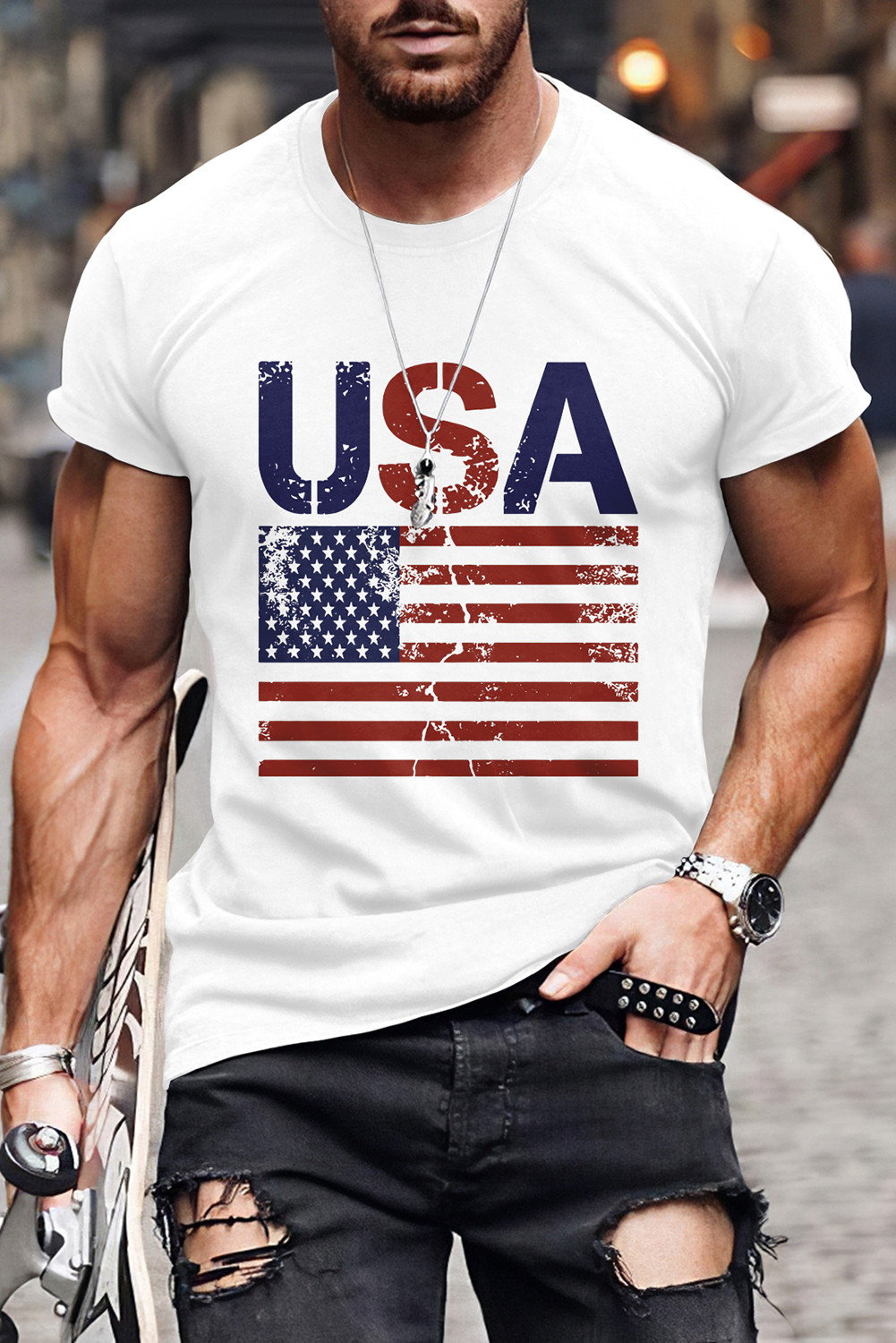 White USA Flag Print O-neck Men's Graphic T-shirt